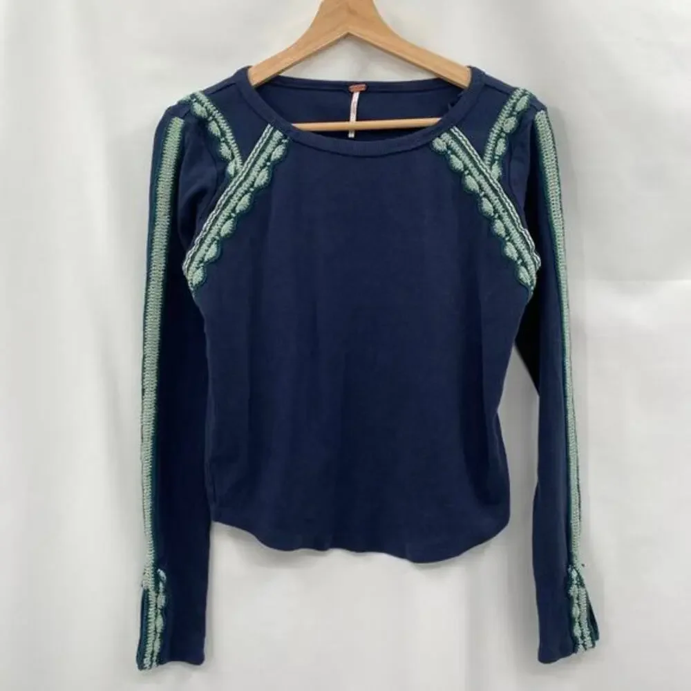 free people navy embroidered love‎ long sleeve thermal